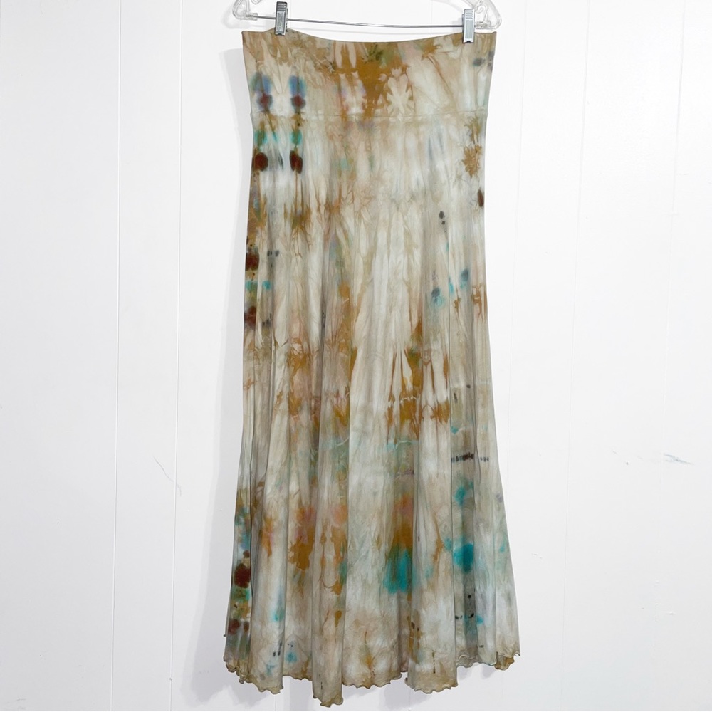 Soft Surroundings Tie Dye Maxi Skirt Watercolor Boho Boheiam Tan Brown Blue
